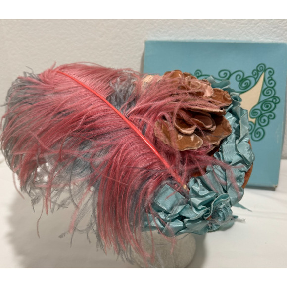 Vintage 1940s Feathered Cocktail Fascinator Hat w Chin Ribbon Blue Pink w Box main image 13